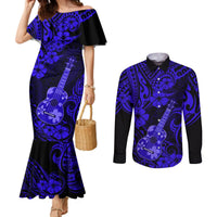 Hawaii Ukulele Couples Matching Mermaid Dress and Long Sleeve Button Shirts Polynesian Pattern Navy Blue Version LT01 Blue - Polynesian Pride