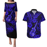 Hawaii Ukulele Couples Matching Puletasi Dress and Hawaiian Shirt Polynesian Pattern Navy Blue Version LT01 Blue - Polynesian Pride