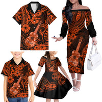Hawaii Ukulele Family Matching Off Shoulder Long Sleeve Dress and Hawaiian Shirt Polynesian Pattern Orange Version LT01 - Polynesian Pride
