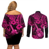 Hawaii Ukulele Couples Matching Off Shoulder Short Dress and Long Sleeve Button Shirts Polynesian Pattern Pink Version LT01 - Polynesian Pride