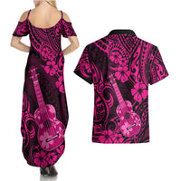 Hawaii Ukulele Couples Matching Summer Maxi Dress and Hawaiian Shirt Polynesian Pattern Pink Version LT01 - Polynesian Pride