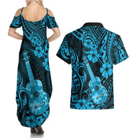 Hawaii Ukulele Couples Matching Summer Maxi Dress and Hawaiian Shirt Polynesian Pattern Sky Blue Version LT01 - Polynesian Pride