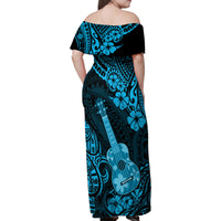 Hawaii Ukulele Family Matching Off Shoulder Maxi Dress and Hawaiian Shirt Polynesian Pattern Sky Blue Version LT01 - Polynesian Pride