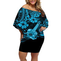 Hawaii Ukulele Off Shoulder Short Dress Polynesian Pattern Sky Blue Version LT01 Women Blue - Polynesian Pride
