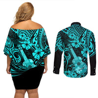 Hawaii Ukulele Couples Matching Off Shoulder Short Dress and Long Sleeve Button Shirts Polynesian Pattern Turquoise Version LT01 - Polynesian Pride