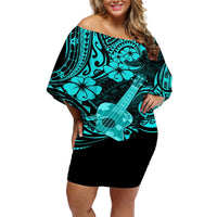 Hawaii Ukulele Off Shoulder Short Dress Polynesian Pattern Turquoise Version LT01 Women Turquoise - Polynesian Pride