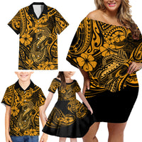 Hawaii Fish Hook Family Matching Off Shoulder Short Dress and Hawaiian Shirt Polynesian Pattern Gold Version LT01 - Polynesian Pride