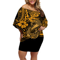 Hawaii Fish Hook Off Shoulder Short Dress Polynesian Pattern Gold Version LT01 Women Gold - Polynesian Pride