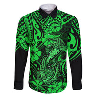 Hawaii Fish Hook Family Matching Off Shoulder Short Dress and Hawaiian Shirt Polynesian Pattern Green Version LT01 Dad's Shirt - Long Sleeve Green - Polynesian Pride