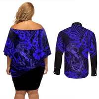 Hawaii Fish Hook Couples Matching Off Shoulder Short Dress and Long Sleeve Button Shirts Polynesian Pattern Navy Blue Version LT01 - Polynesian Pride
