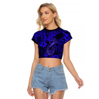 Hawaii Fish Hook Raglan Cropped T Shirt Polynesian Pattern Navy Blue Version LT01 Female Blue - Polynesian Pride