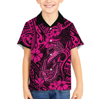 Hawaii Fish Hook Family Matching Off Shoulder Long Sleeve Dress and Hawaiian Shirt Hibiscus Hawaii Tribal Tattoo Pink Version LT01 Son's Shirt Pink - Polynesian Pride