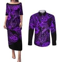 Hawaii Fish Hook Couples Matching Puletasi Dress and Long Sleeve Button Shirts Hibiscus Hawaii Tribal Tattoo Purple Version LT01 Purple - Polynesian Pride