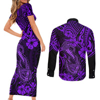 Hawaii Fish Hook Couples Matching Short Sleeve Bodycon Dress and Long Sleeve Button Shirts Hibiscus Hawaii Tribal Tattoo Purple Version LT01 - Polynesian Pride