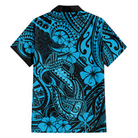 Hawaii Fish Hook Family Matching Off Shoulder Long Sleeve Dress and Hawaiian Shirt Hibiscus Hawaii Tribal Tattoo Sky Blue Version LT01 - Polynesian Pride