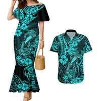 Hawaii Fish Hook Couples Matching Mermaid Dress and Hawaiian Shirt Hibiscus Hawaii Tribal Tattoo Turquoise Version LT01 Turquoise - Polynesian Pride