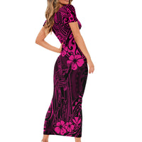 Hawaii King Kamehameha Short Sleeve Bodycon Dress Polynesian Pattern Pink Version LT01 - Polynesian Pride