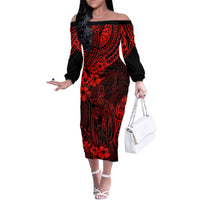 Hawaii King Kamehameha Family Matching Off Shoulder Long Sleeve Dress and Hawaiian Shirt Polynesian Pattern Red Version LT01 Mom's Dress Red - Polynesian Pride
