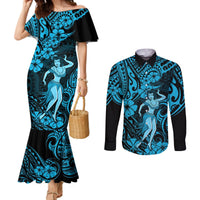 Hawaii Hula Girl Couples Matching Mermaid Dress and Long Sleeve Button Shirts Hibiscus Hawaii Tribal Tattoo Sky Blue Version LT01 Blue - Polynesian Pride