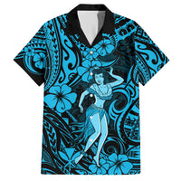 Hawaii Hula Girl Family Matching Off Shoulder Maxi Dress and Hawaiian Shirt Hibiscus Hawaii Tribal Tattoo Sky Blue Version LT01 Dad's Shirt - Short Sleeve Blue - Polynesian Pride