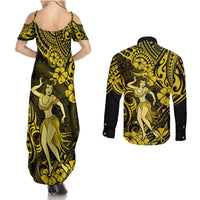 Hawaii Hula Girl Couples Matching Summer Maxi Dress and Long Sleeve Button Shirts Hibiscus Hawaii Tribal Tattoo Yellow Version LT01 - Polynesian Pride