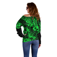 Hawaii Pineapple Off Shoulder Sweater Paradise Flowers Pacific With Green Polynesian Tribal LT01 - Polynesian Pride