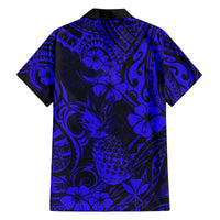 Hawaii Pineapple Family Matching Off Shoulder Maxi Dress and Hawaiian Shirt Paradise Flowers Pacific With Navy Blue Polynesian Tribal LT01 - Polynesian Pride
