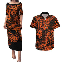 Hawaii Pineapple Couples Matching Puletasi Dress and Hawaiian Shirt Paradise Flowers Pacific With Orange Polynesian Tribal LT01 Orange - Polynesian Pride