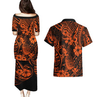 Hawaii Pineapple Couples Matching Puletasi Dress and Hawaiian Shirt Paradise Flowers Pacific With Orange Polynesian Tribal LT01 - Polynesian Pride