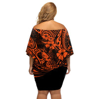 Hawaii Pineapple Off Shoulder Short Dress Paradise Flowers Pacific With Orange Polynesian Tribal LT01 - Polynesian Pride