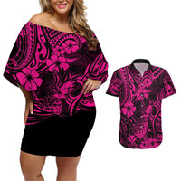 Hawaii Pineapple Couples Matching Off Shoulder Short Dress and Hawaiian Shirt Paradise Flowers Pacific With Pink Polynesian Tribal LT01 Pink - Polynesian Pride