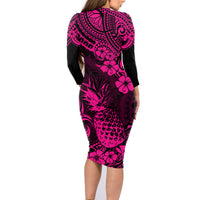Hawaii Pineapple Family Matching Long Sleeve Bodycon Dress and Hawaiian Shirt Paradise Flowers Pacific With Pink Polynesian Tribal LT01 - Polynesian Pride