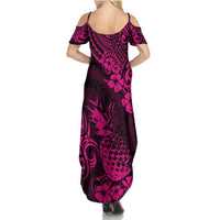 Hawaii Pineapple Summer Maxi Dress Paradise Flowers Pacific With Pink Polynesian Tribal LT01 - Polynesian Pride