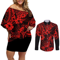 Hawaii Pineapple Couples Matching Off Shoulder Short Dress and Long Sleeve Button Shirts Polynesian Pattern Red Version LT01 Red - Polynesian Pride