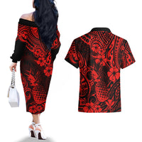 Hawaii Pineapple Couples Matching Off The Shoulder Long Sleeve Dress and Hawaiian Shirt Polynesian Pattern Red Version LT01 - Polynesian Pride