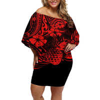 Hawaii Pineapple Off Shoulder Short Dress Polynesian Pattern Red Version LT01 Women Red - Polynesian Pride