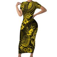 Hawaii Pineapple Short Sleeve Bodycon Dress Polynesian Pattern Yellow Version LT01 Long Dress Yellow - Polynesian Pride