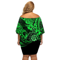 Hawaii Shaka Sign Off Shoulder Short Dress With Polynesian Hibiscus Green Unique LT01 - Polynesian Pride