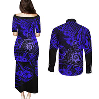 Hawaii Shaka Sign Couples Matching Puletasi Dress and Long Sleeve Button Shirts With Polynesian Hibiscus Navy Blue Unique LT01 - Polynesian Pride