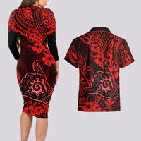 Hawaii Shaka Sign Couples Matching Long Sleeve Bodycon Dress and Hawaiian Shirt Polynesian Pattern Red Version LT01 - Polynesian Pride