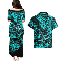 Hawaii Shaka Sign Couples Matching Puletasi Dress and Hawaiian Shirt Polynesian Pattern Turquoise Version LT01 - Polynesian Pride