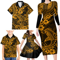 Hawaii Shark Family Matching Long Sleeve Bodycon Dress and Hawaiian Shirt Polynesian Pattern Gold Version LT01 - Polynesian Pride