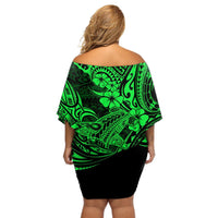 Hawaii Shark Off Shoulder Short Dress Polynesian Pattern Green Version LT01 - Polynesian Pride