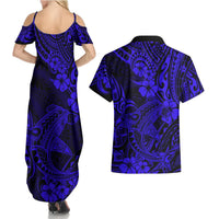 Hawaii Shark Couples Matching Summer Maxi Dress and Hawaiian Shirt Polynesian Pattern Navy Blue Version LT01 - Polynesian Pride