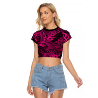 Hawaii Shark Raglan Cropped T Shirt Polynesian Pattern Pink Version LT01 Female Pink - Polynesian Pride