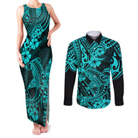 Hawaii Shark Couples Matching Tank Maxi Dress and Long Sleeve Button Shirts Polynesian Pattern Turquoise Version LT01 Turquoise - Polynesian Pride