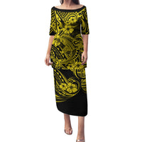 Hawaii Shark Family Matching Puletasi Dress and Hawaiian Shirt Polynesian Pattern Yellow Version LT01 Mom's Dress Yellow - Polynesian Pride