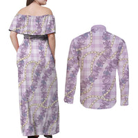 Pua Kalaunu Lei Couples Matching Off Shoulder Maxi Dress and Long Sleeve Button Shirt Palaka Pattern