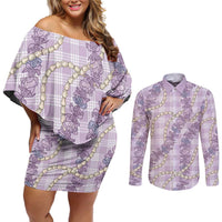 Pua Kalaunu Lei Couples Matching Off Shoulder Short Dress and Long Sleeve Button Shirt Palaka Pattern