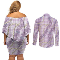 Pua Kalaunu Lei Couples Matching Off Shoulder Short Dress and Long Sleeve Button Shirt Palaka Pattern